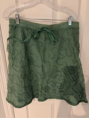 Max Studio Cotton Green Embroidered Skirt with drawstring waist Large
